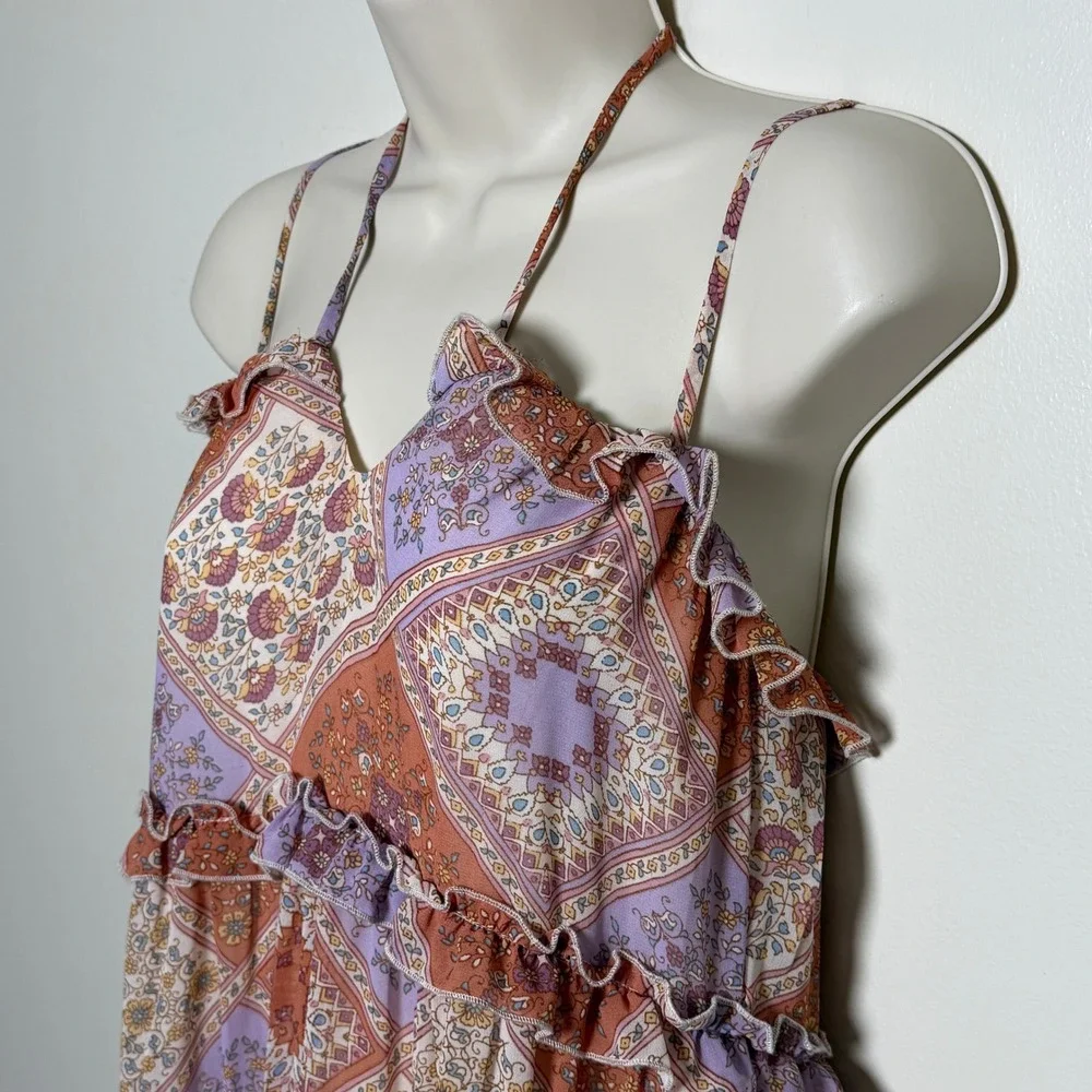 June & Hudson Boho Paisley Patchwork Ruffle Midi Dress Purple Orange Small - Picture 6 of 9